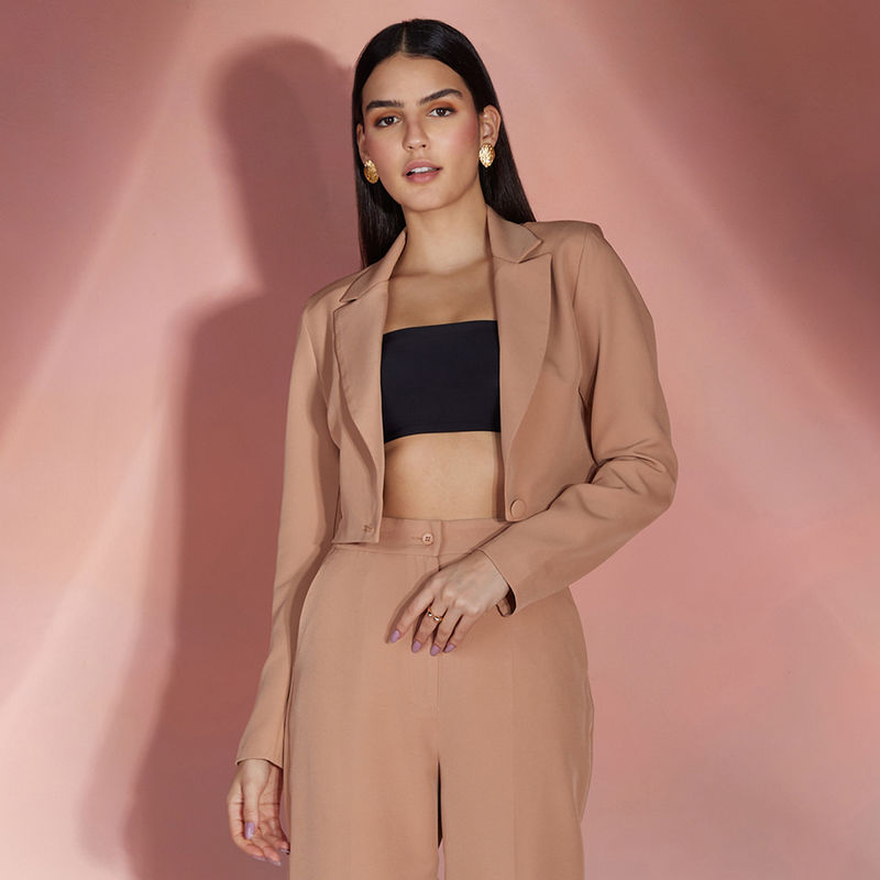 RSVP by Nykaa Fashion Camel Solid Classic Crop Jacket (S)