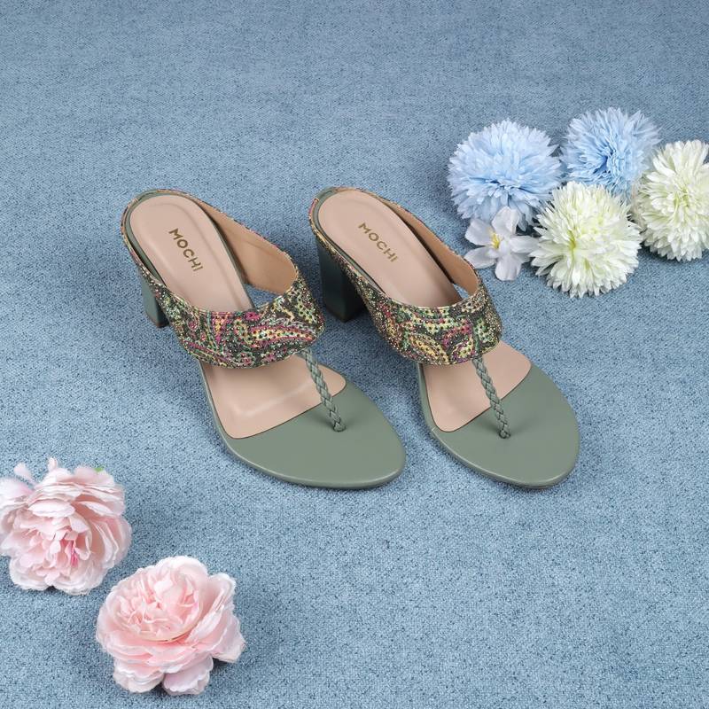 Mochi Women Green Party Block Heels (EURO 36)