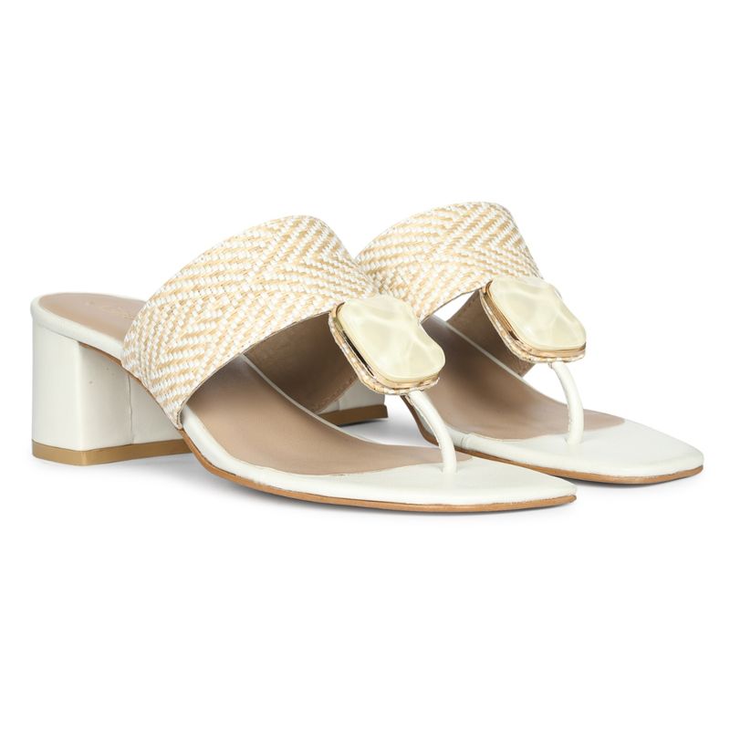 Saint G Stone Jeweled White and Beige Raffia Block Heels (EURO 36)