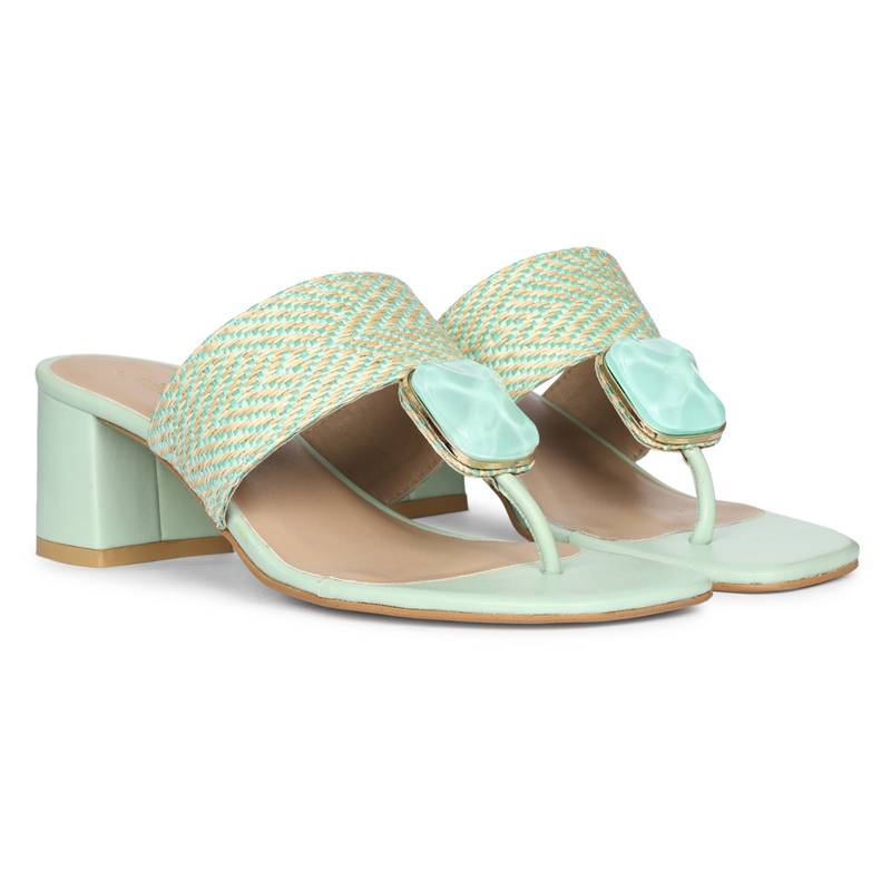 Saint G Stone Jeweled Turquoise Raffia Block Heels (EURO 36)