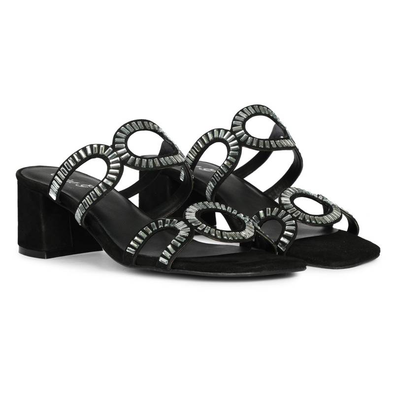 Saint G Black Leather with Silver Tube Strass Block Heels (EURO 36)