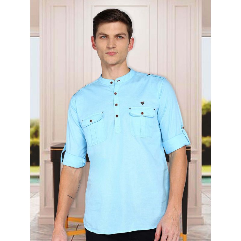 KUONS AVENUE Men's Plum Turquoise Linen Cotton Short Pathani Kurta (M)