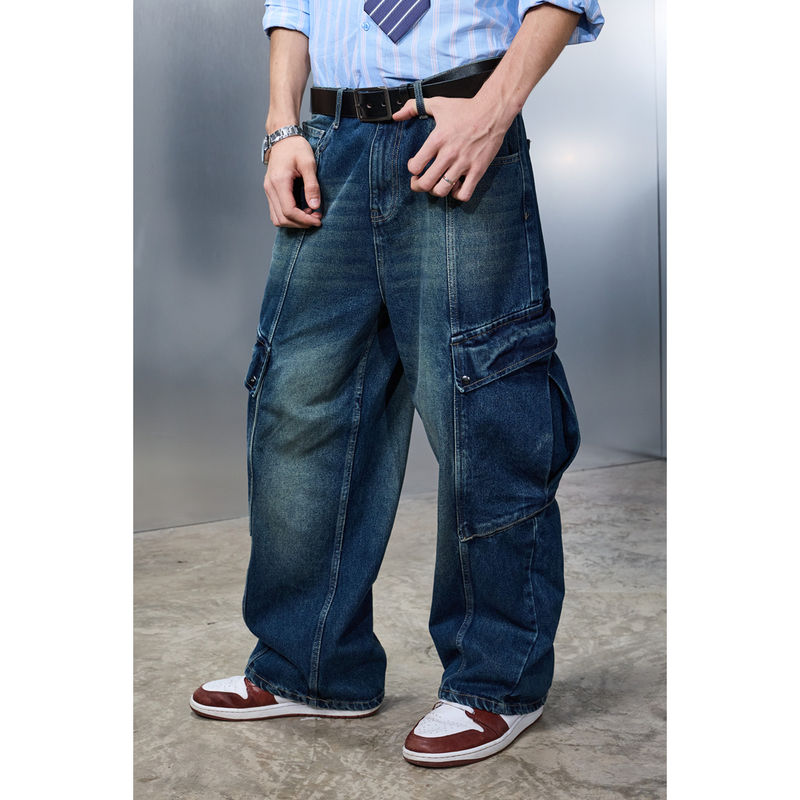 Bonkers Corner Men Tinted Blue Cargo Denim Jeans (M)