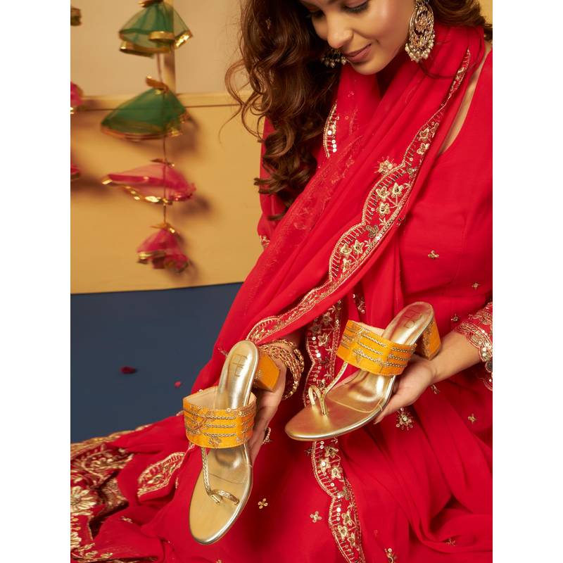 GLAM STORY Garden Galleria Yellow Kolhapuri Block Heels-Yellow (EURO 36)