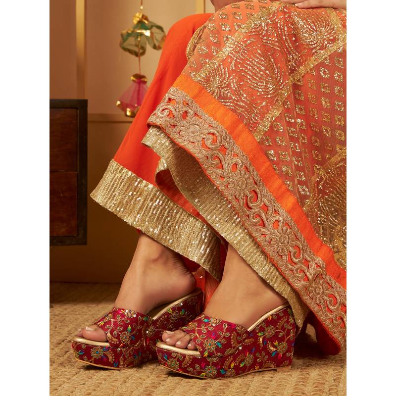 GLAM STORY Party Pop Red Ehnic Wedge Heels (EURO 38)