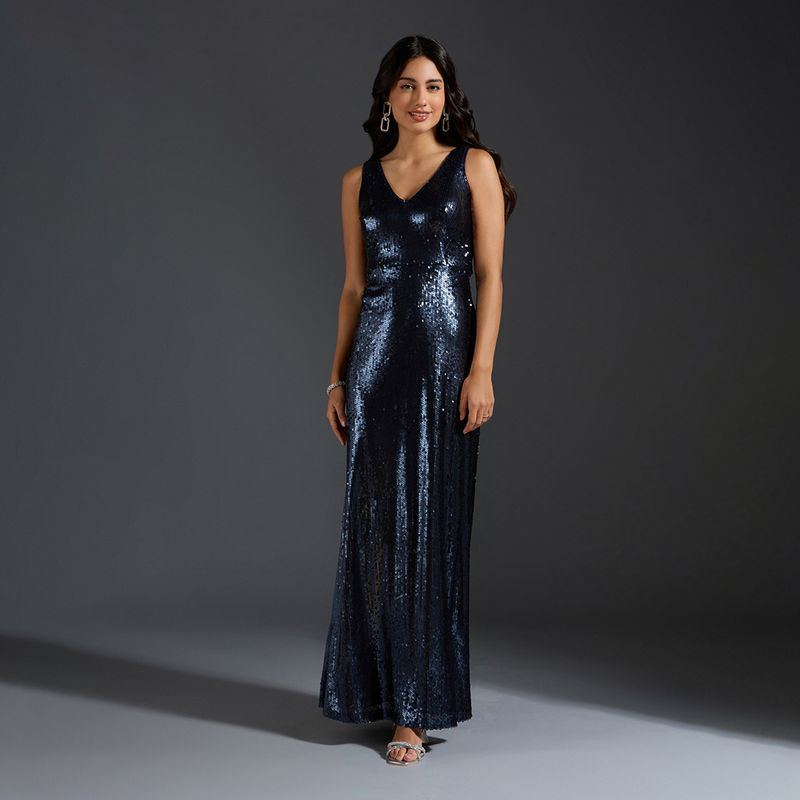 Twenty Dresses by Nykaa Fashion Navy Blue Sequined V Neck Sheath Maxi Dress (XS)
