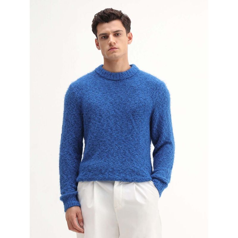 Rare Rabbit Mens Kept Blue Polyester Fabric Full Sleeve Textured Sweater (M)
