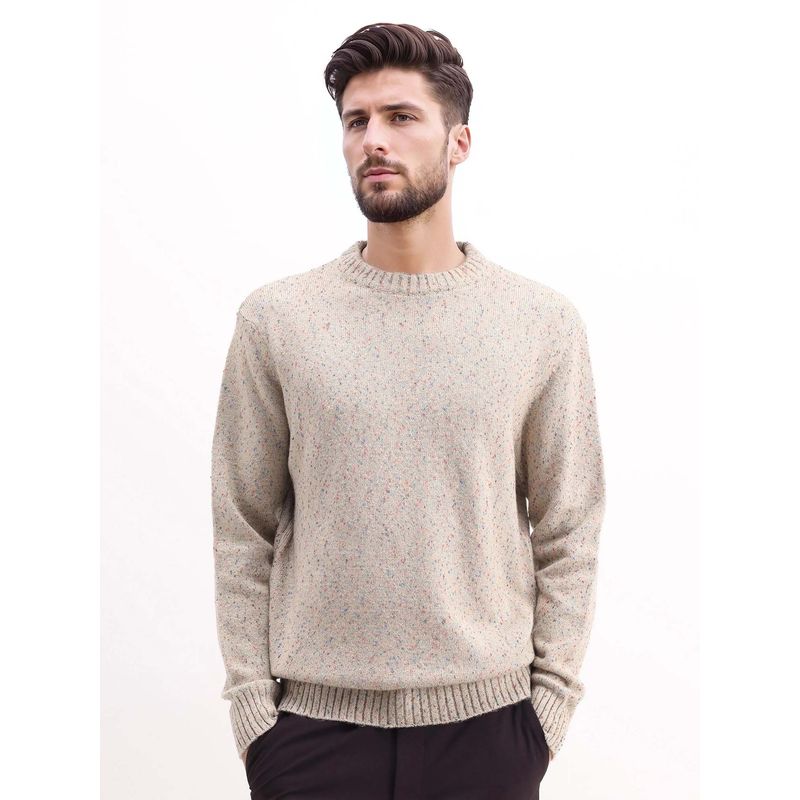 Rare Rabbit Mens Beige Acrylic Fabric Full Sleeve Printed Sweater (M)