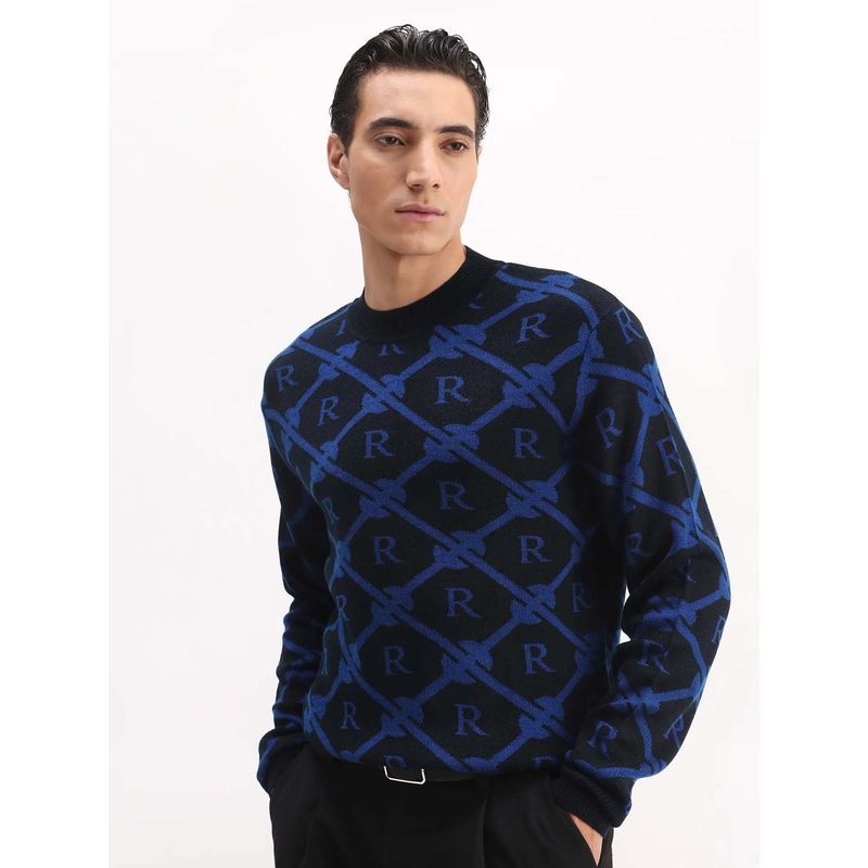 Rare Rabbit Mens Post Black Acrylic Fabric Full Sleeve Printed Sweater (M)