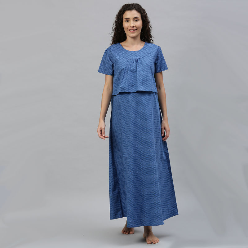 Buy Nejo Printed Front Zipper Feeding Nighty Blue Online