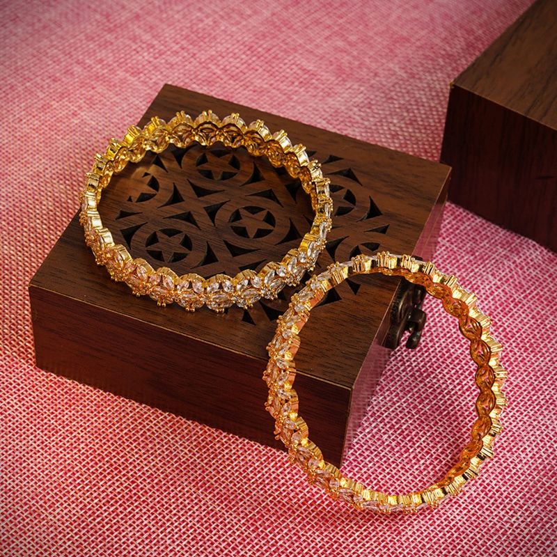 Laida Set Of 2 Gold Plated Ad Studded Floral Design Handcrafted Bangles - 2.8