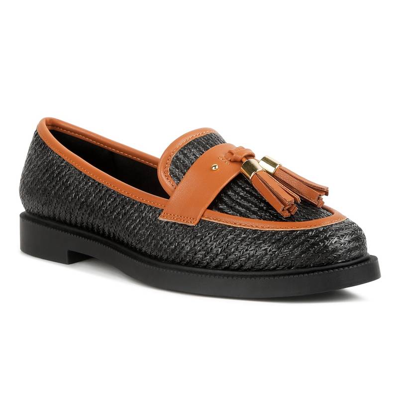 London Rag Black Tassel Detail Raffia Loafers (EURO 36)
