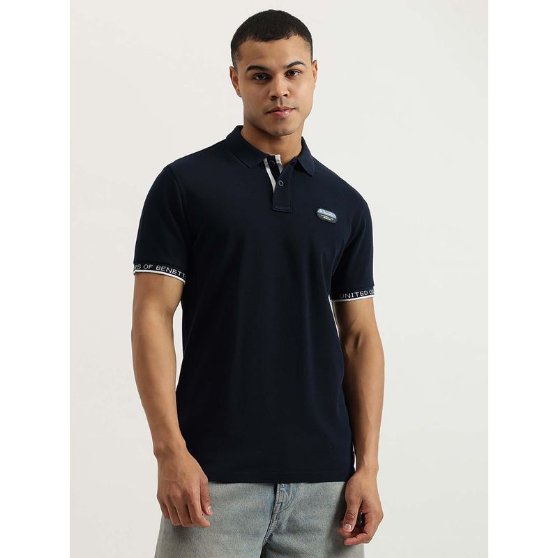 United Colors of Benetton Navy Blue Regular Fit Solid Silicon Patch Pique Polo T-Shirt (L)