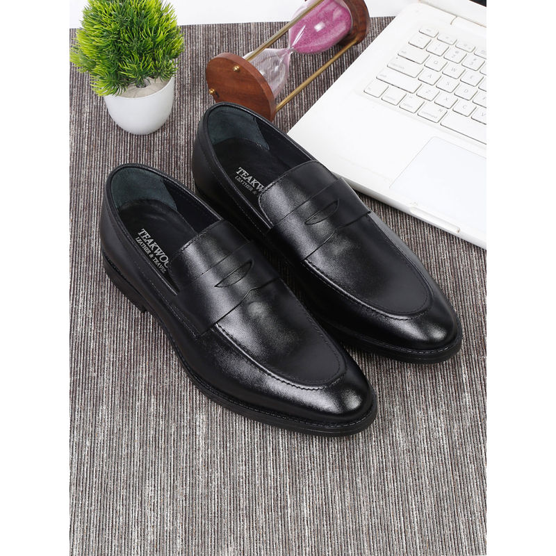 Teakwood Men Black Solid Leather Formal Slip-On Shoes (UK 9)