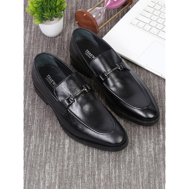 Teakwood Men Black Solid Leather Formal Slip-On Shoes (UK 8)
