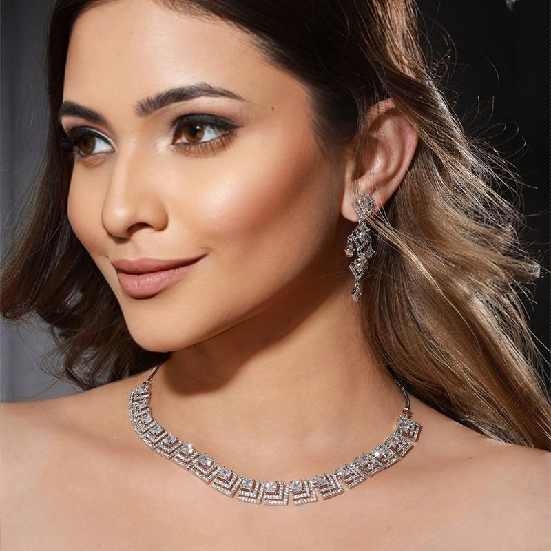 Priyaasi Women American Diamond Pearls Silver Plated Jewellery Set main image 0