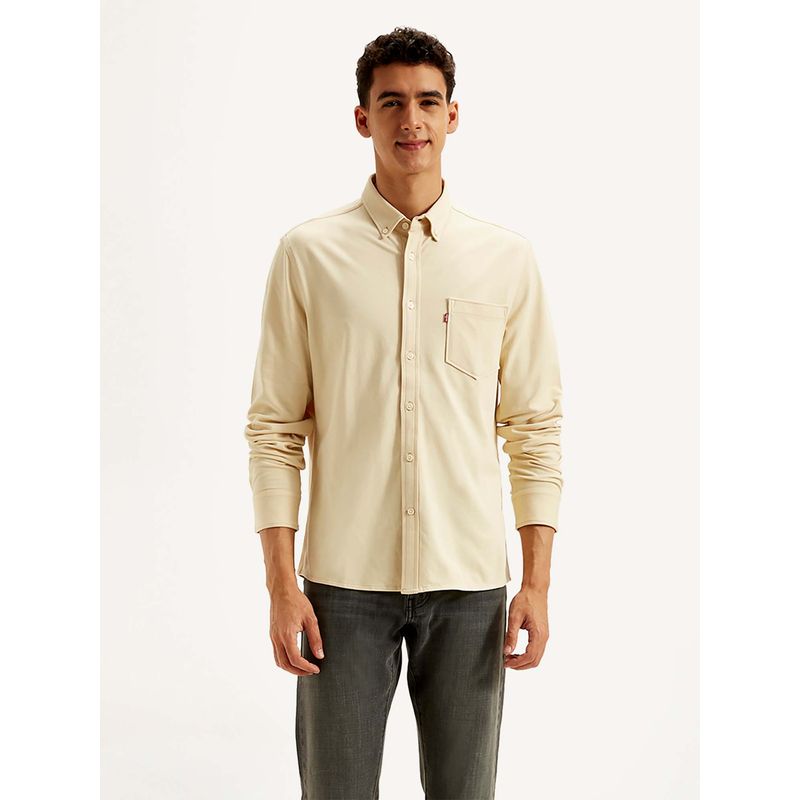 Levi's Cream Men's Solid Slim Fit Shirt (XL)