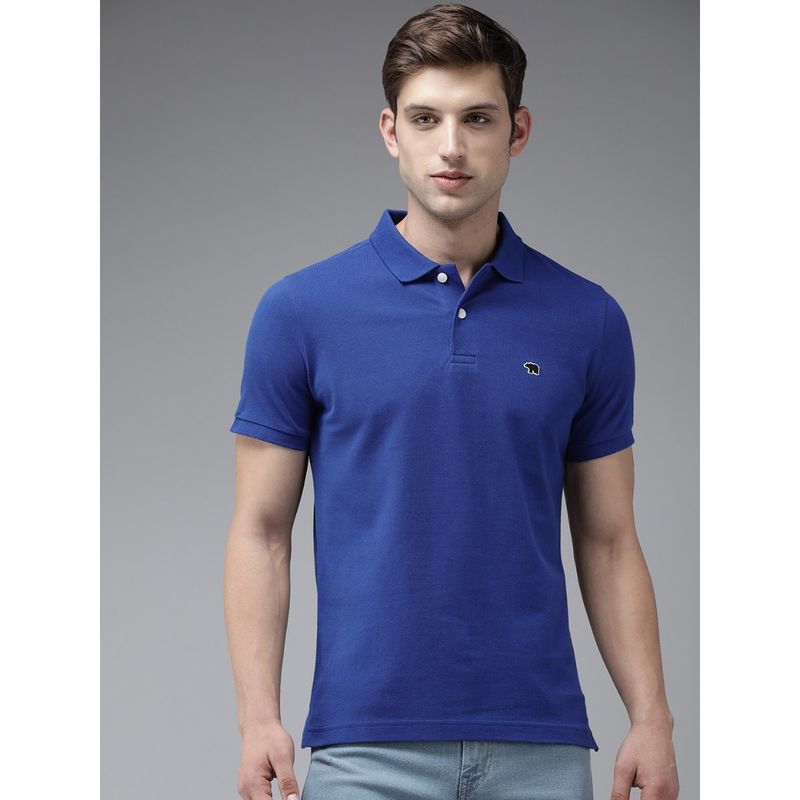 THE BEAR HOUSE Men Blue Solid Slim Fit Cotton Polo Collar T-Shirt (2XL)