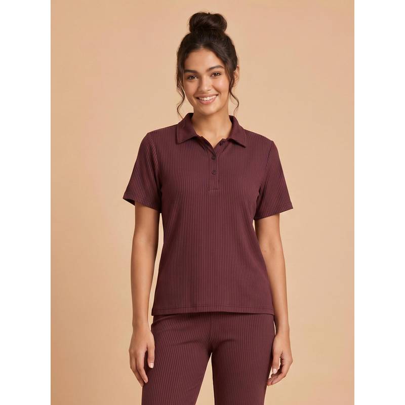 Clovia Purple Ribbed Active Polo T-Shirt (L)