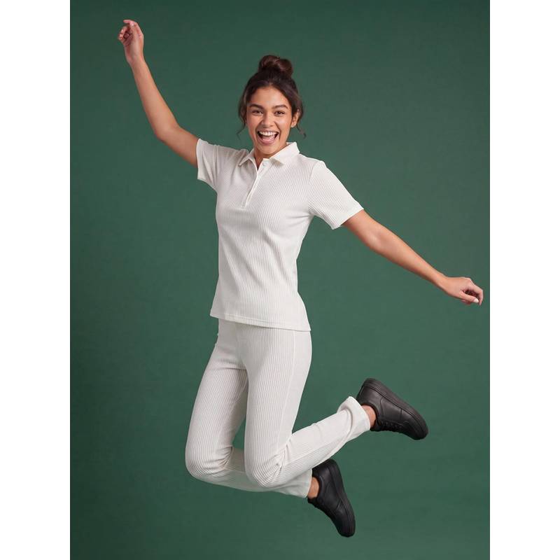 Clovia White Ribbed Active Polo T-Shirt with High Waist Flared Pant (L)