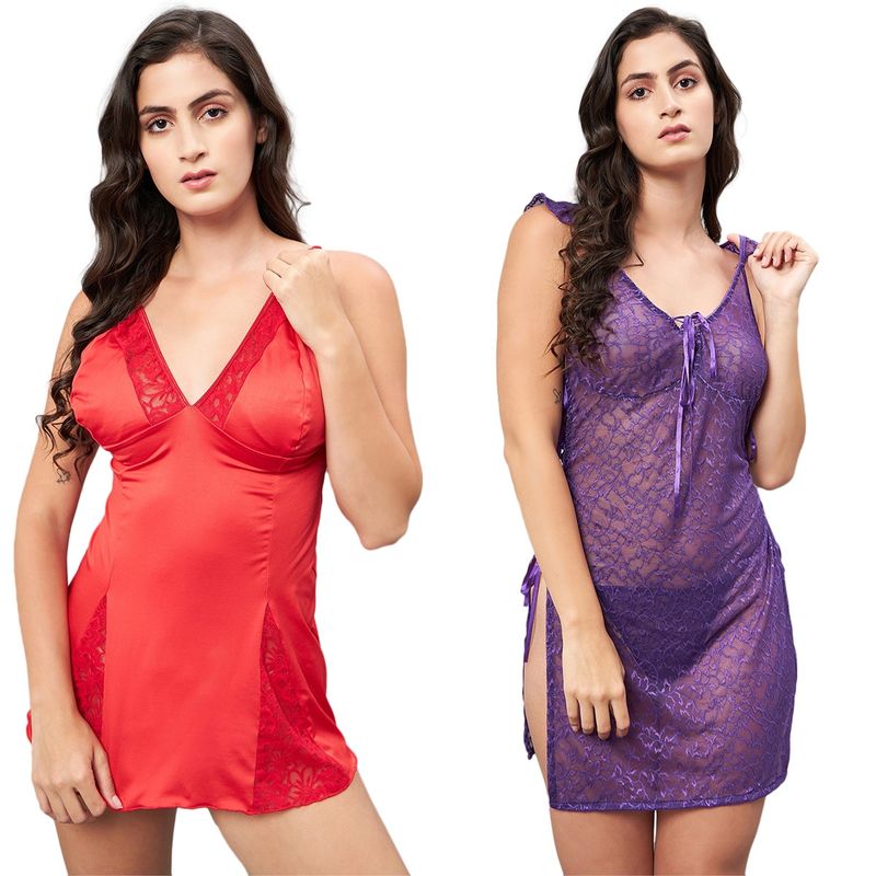 Secrets By ZeroKaata Women Baby Doll Lingerie Multi-Color (Set of 4) (S)