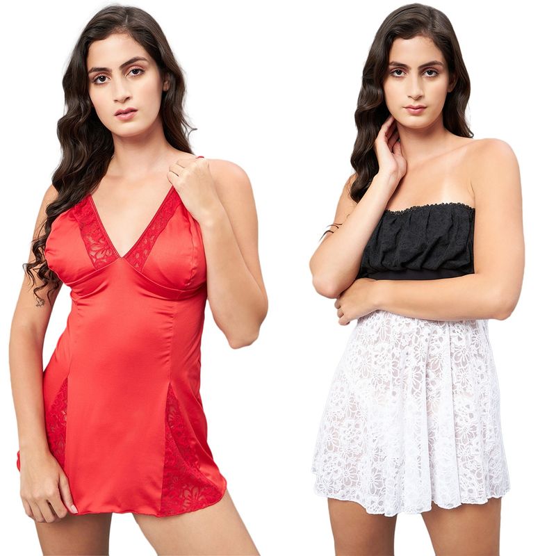 Secrets By ZeroKaata Women Assorted Baby Doll Lingerie Multi-Color (Set of 4) (S)