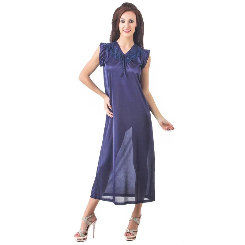 Fasense Women Satin Nightwear Sleepwear Long Nighty, Dp109 C - Navy Blue (XL)