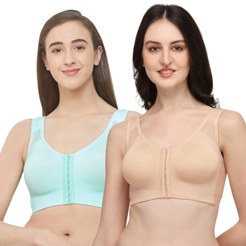 SOIE Front Closure Full Coverage Non Padded Non Wired Posture Correction Bra Combo (Pack of 2) (L)