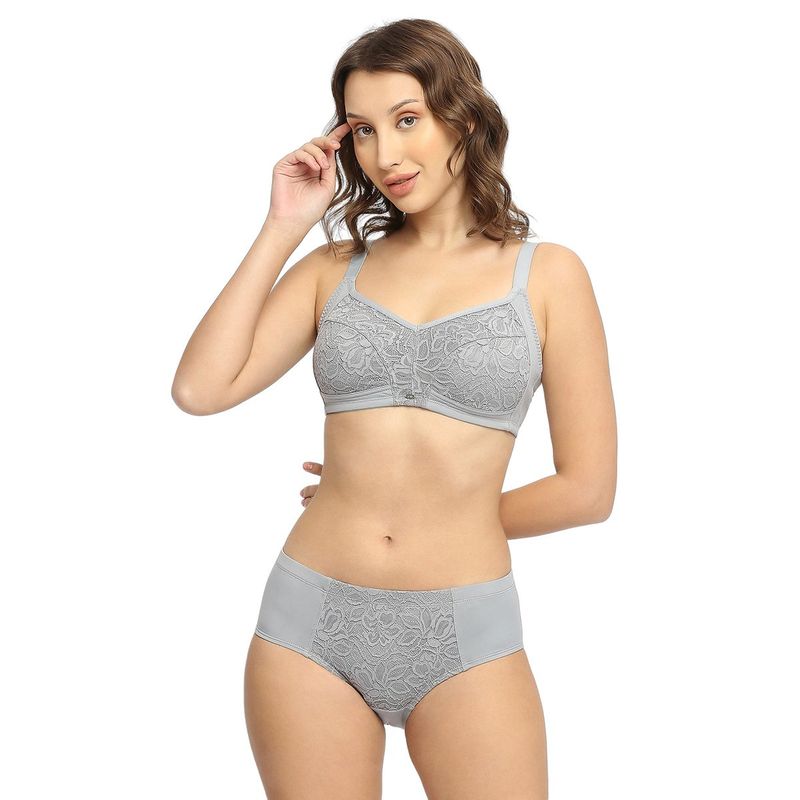 SOIE Full Coverage Non Padded Non-Wired Bra with Mid Waist Lace Brief (Set of 2) (38E)