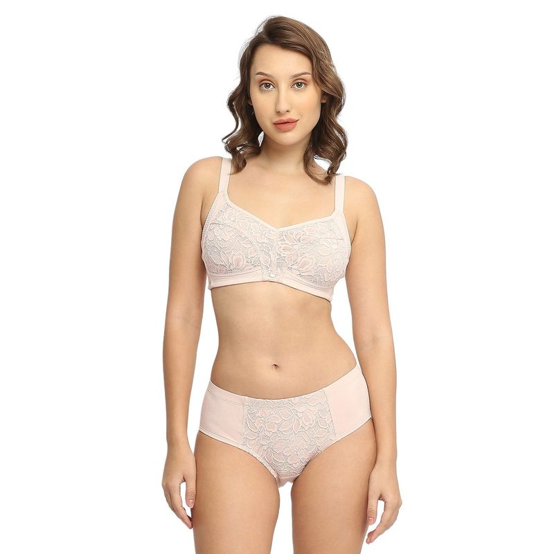 SOIE Full Coverage Non Padded Non-Wired Bra with Mid Waist Lace Brief (Set of 2) (34C)