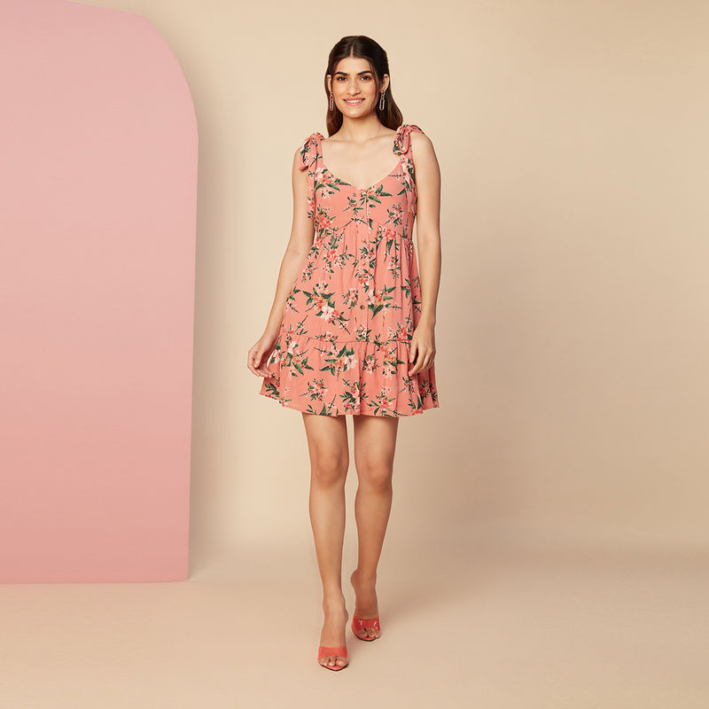 Twenty Dresses by Nykaa Fashion Pink Floral Printed V Neck A Line Short Dress (2XL)