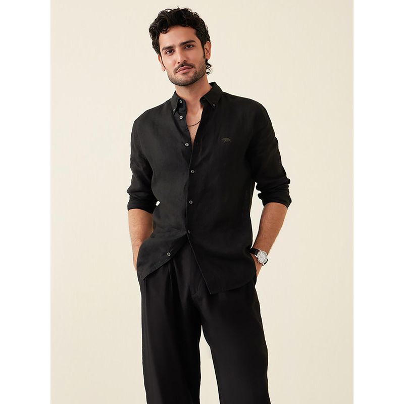 Andamen Men Black Solid Slim Fit Collar Neck Linen Casual Shirt (M)