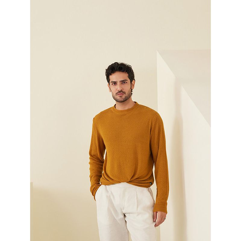 Andamen Men Mustard Woven Regular Fit Crew Neck Linen Sweater (S)