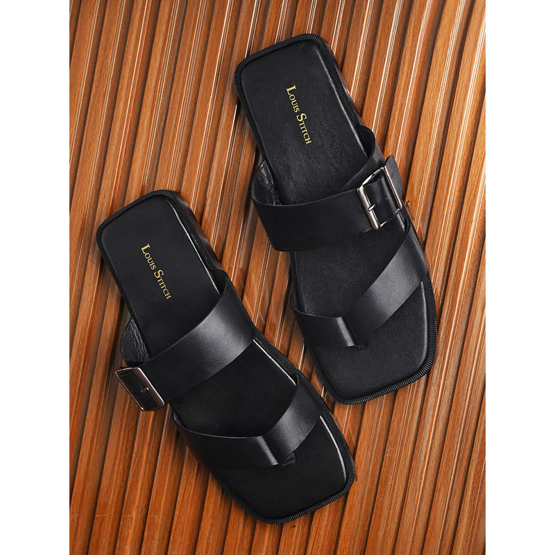 Jet Black Open Toe Lightweight T-Strap Leather Sandal with Adjustable Buckle Strap (UK 9)