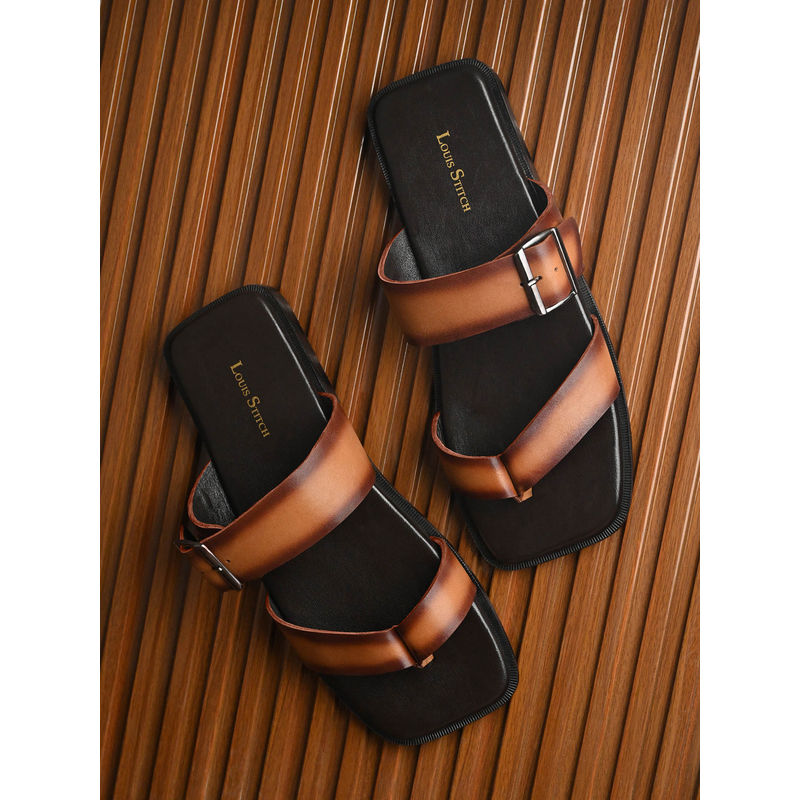 Tan Open Toe Lightweight T-Strap Leather Sandal with Adjustable Buckle Strap (UK 7)