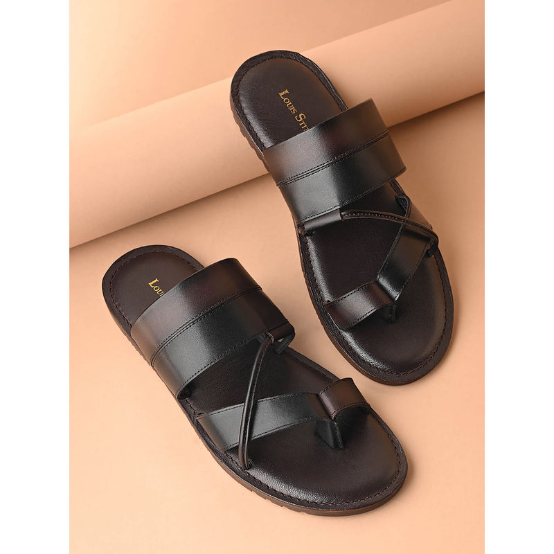 Louis Stitch Brown and Black Open Toe Style Lightweight Toe Ring Leather Sandal (UK 9)