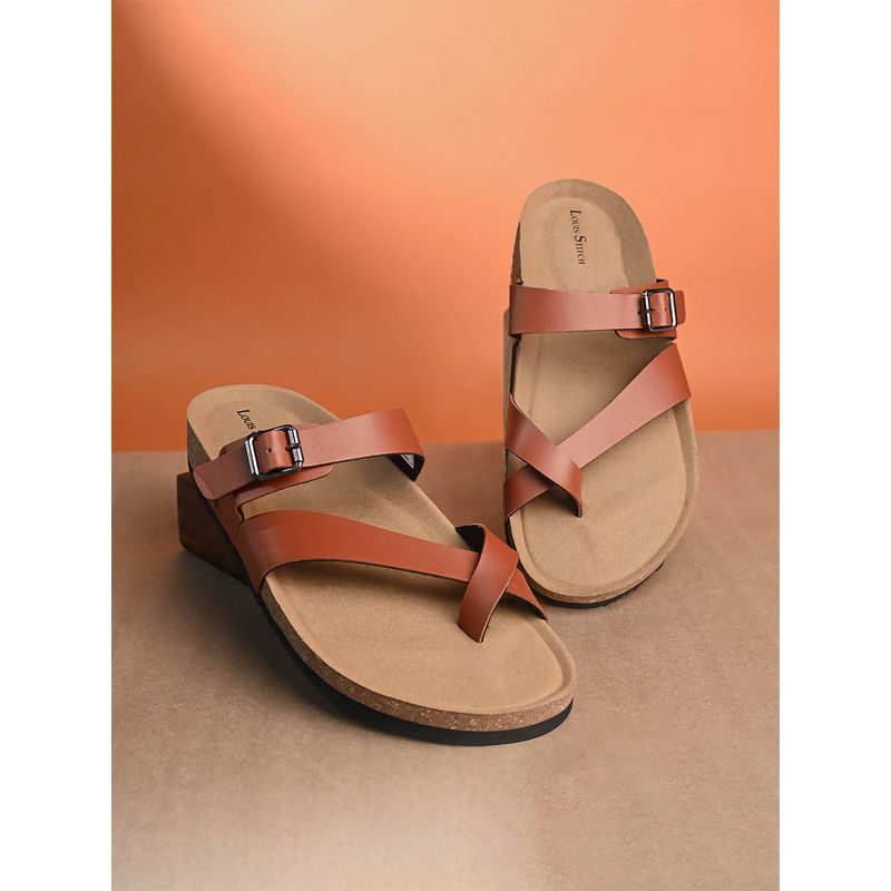 Tan Lightweight Open Toe Double Strap Slip-on Cork Sandal (UK 6)