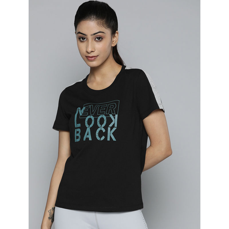 Alcis Women Black & Blue Typography Printed Slim Fit Training Or Gym T-Shirt (M)