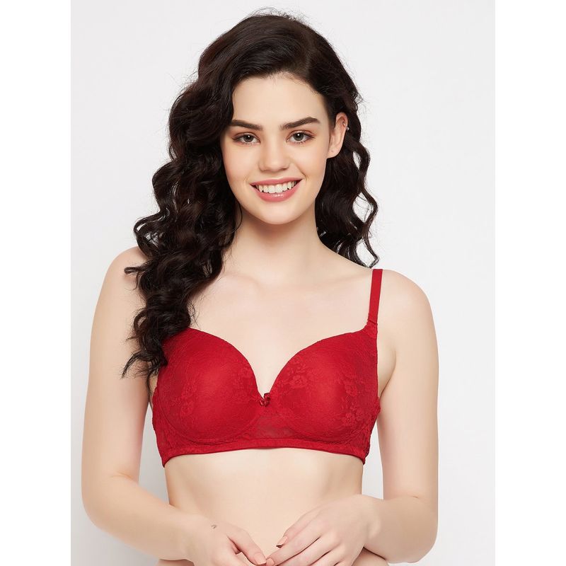 Clovia Lace Printed Padded Full Cup Wire Free T-Shirt Bra - Red (32E)