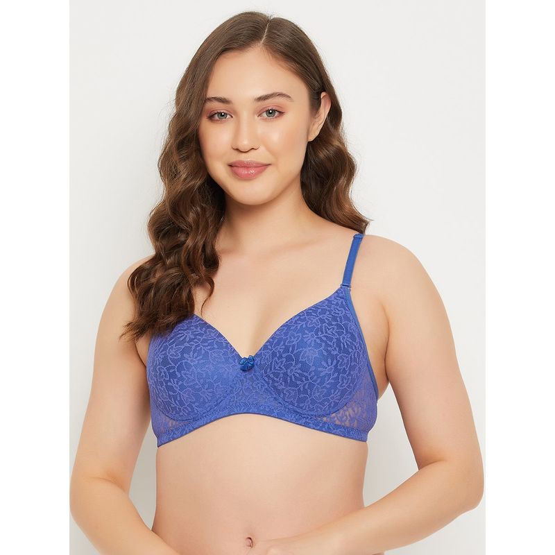 Clovia Lace Printed Padded Full Cup Wire Free Full Figure Bra - Blue (38C)