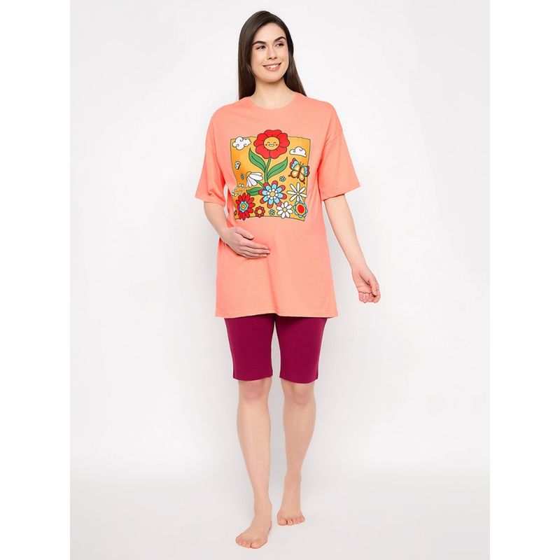 Clovia Graphic Print Oversized T-shirt & Maternity Shorts Night Suit (Set of 2) (M)