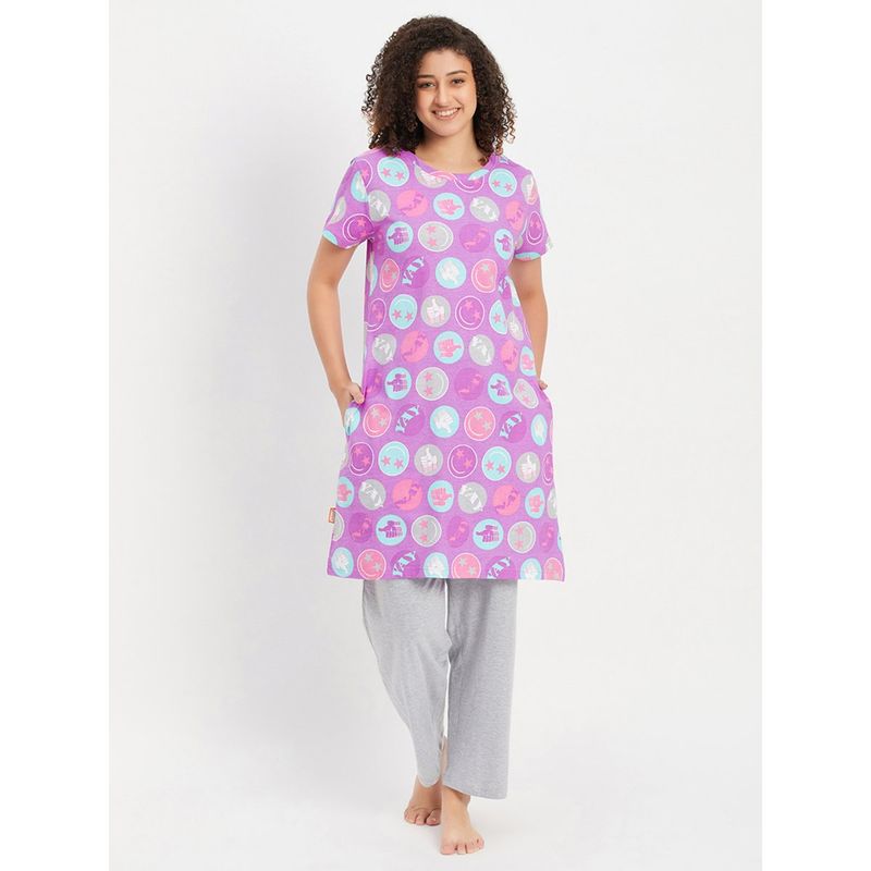 Clovia Emoji Print Short Night Dress & Pyjama With Elastic Waistband (Set of 2) (S)
