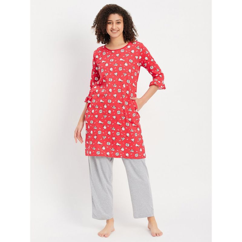 Clovia Pyjama with Elastic Waistband & Sheep Print Short Night Dress (Set of 2) (S)