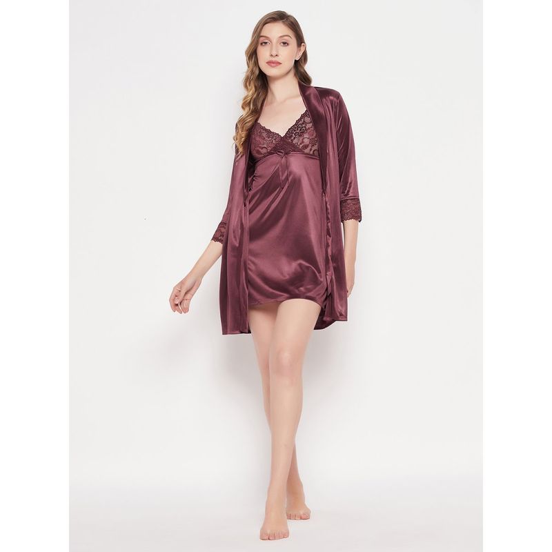 Clovia Satin Solid Short Babydoll Dress & Robe (Set of 2) (L)