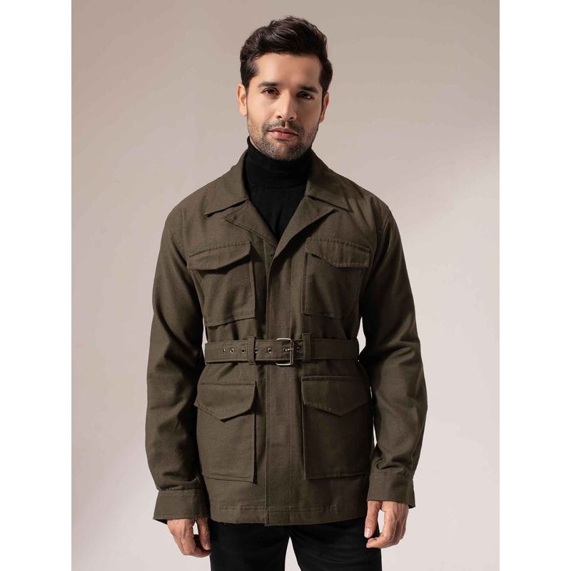 Perch Men Olive Green Four Pocket Solid Coat with Belt (Set of 2) (L)