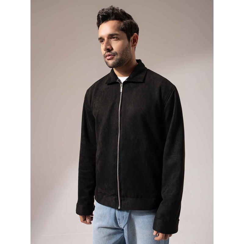 Perch Men Black Suede Solid Zipper Jacket (M)