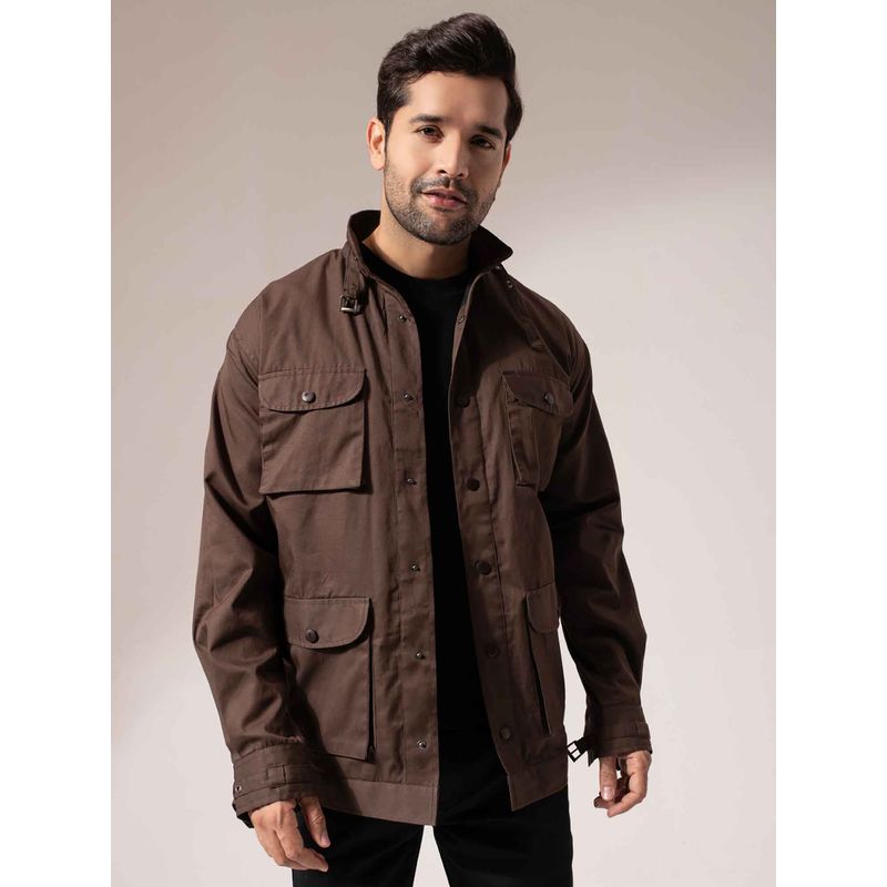 Perch Men Brown Cotton Twill Solid Long Jacket (XL)