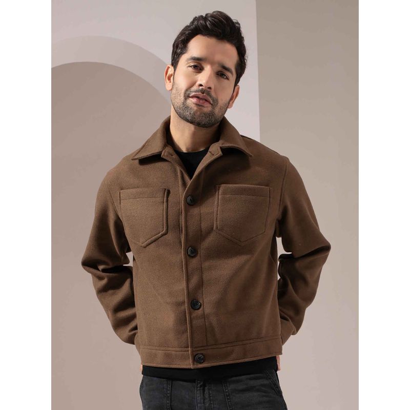 Perch Men Brown Solid Felt Two Pockets Crop Jacket (S)