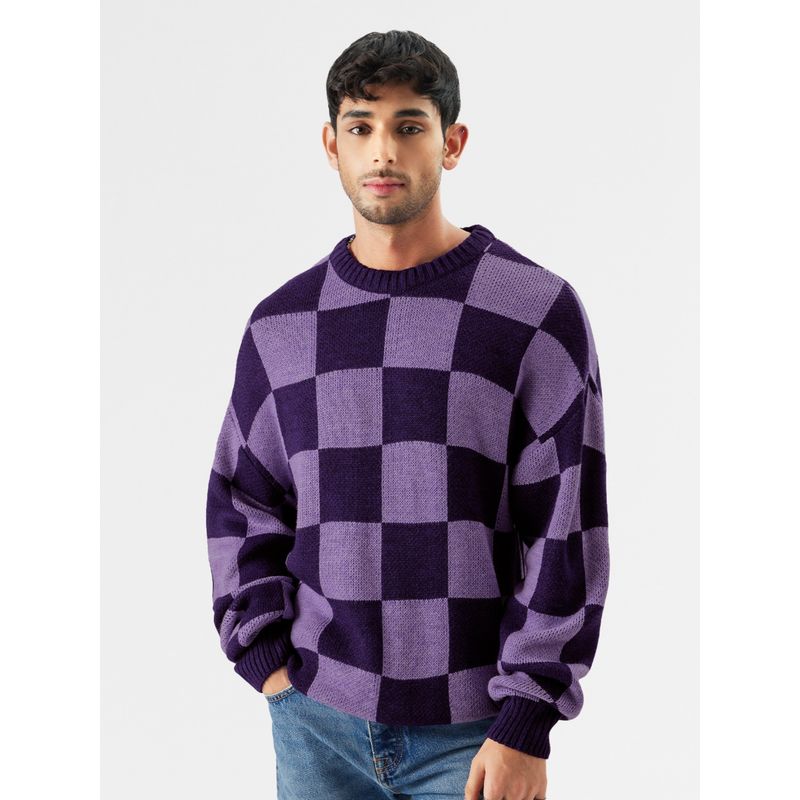 The Souled Store Original Purple Chess Men Oversized Pullover (M)