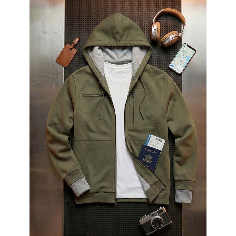 Bewakoof Men Dark Olive Green Reversible Zipper Airport Hoodies (S)